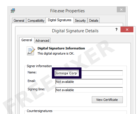 Screenshot of the Iomega Corp certificate
